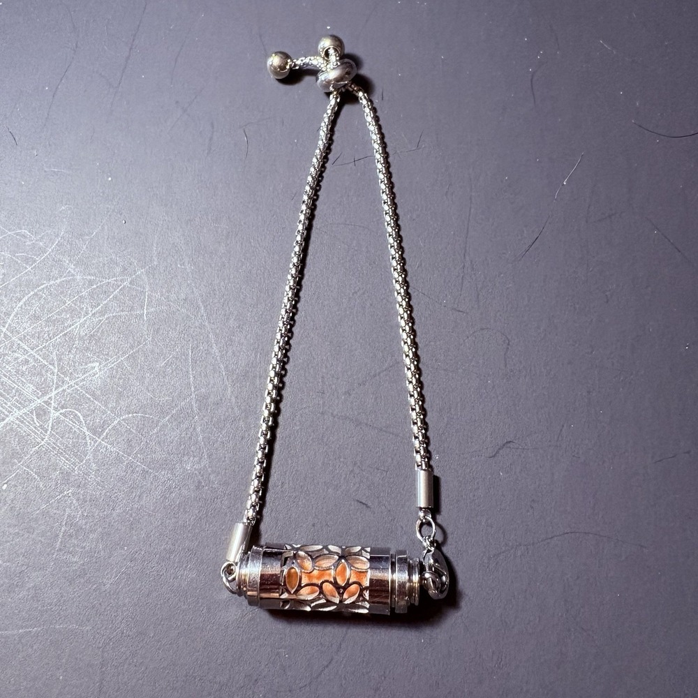 Silver‎ Tone Adjustable Slider Bracelet Cutout Cylinder Orange Stone Accent Boho